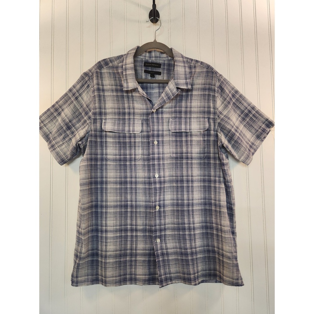 Banana Republic Mens L Slim Fit Short Sleeve Plaid Button Down Shirt Blue Sheer